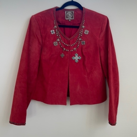 Double D Ranch Coral red embellished suede leather jacket M - Picture 2 of 12